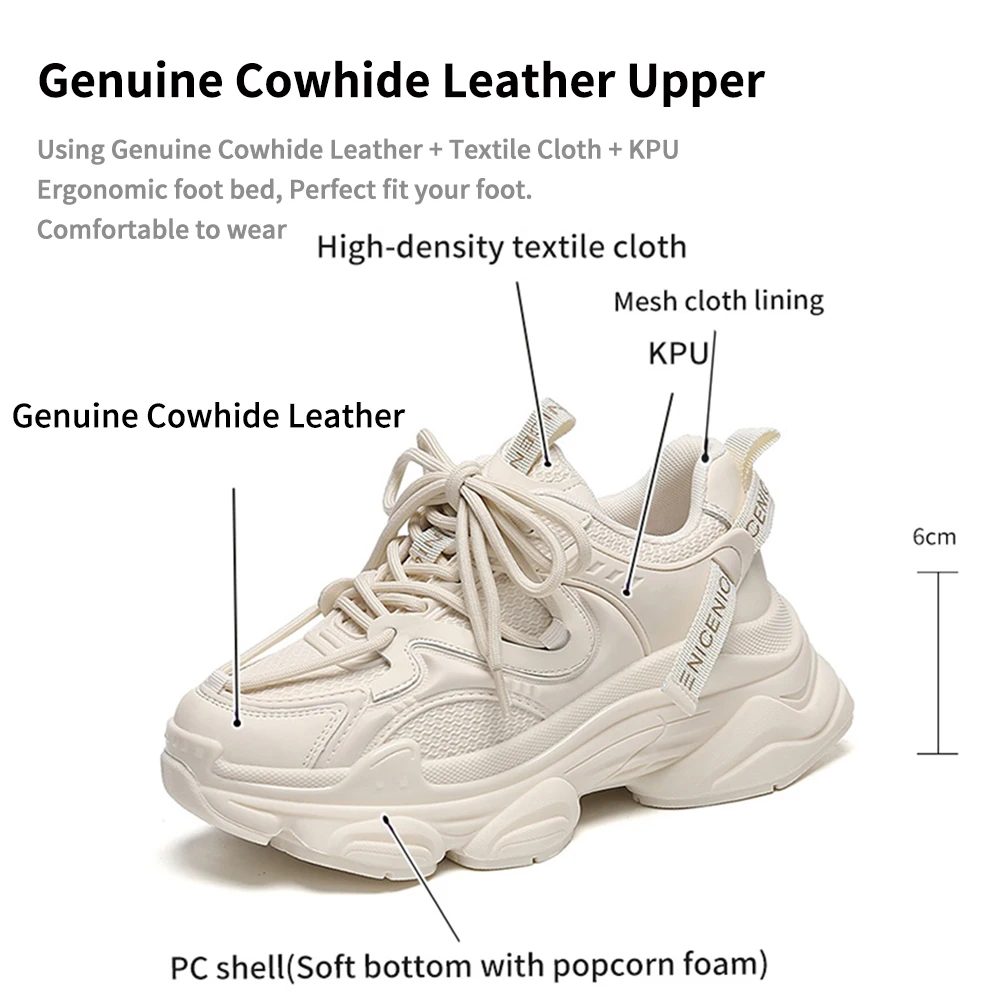 SOMILISS Women Chunky Platform Sneakers Genuine Leather Mesh Patchwork Lace Up Comfortable Ladies Fashion Casual Running Shoes