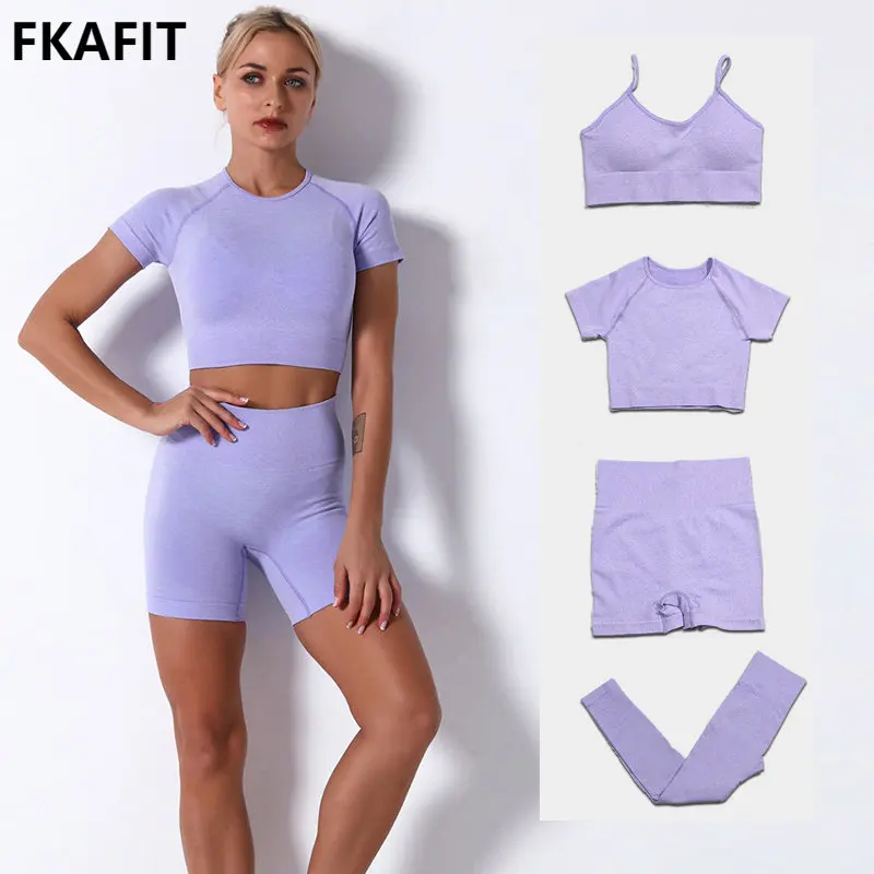 

Экипировка для йоги Женская бесшовная из 2 предметов для тренировок в тренажерном зале леггинсы с высокой талией/шорты с спортивным бюстгальтером, укороченный топ, однотонный спортивный костюм