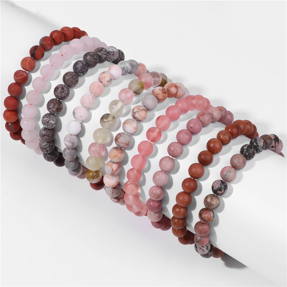 

8MM Pink Quartzs Beads Bracelet Red Agates Rhodonite Natural Healing Stone Elastic Bracelets For Women Stretch Bangles Jewelry