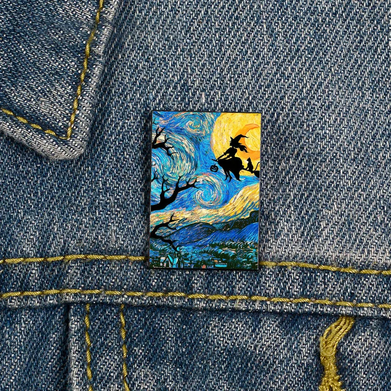 

Witch on broom with black cat Spiral Funny vintage Brooches Shirt Lapel teacher Bag Cute Badge Cartoon pins for Lover Girl