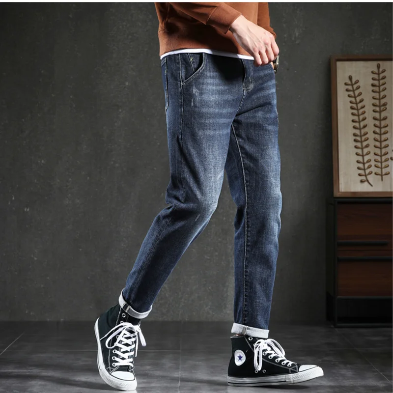 Streetwear Men 2022 Autumn New Pattern Korean Version Recreational  Elastic Force Jeans Plush Thickened Slim Navy Pants Female