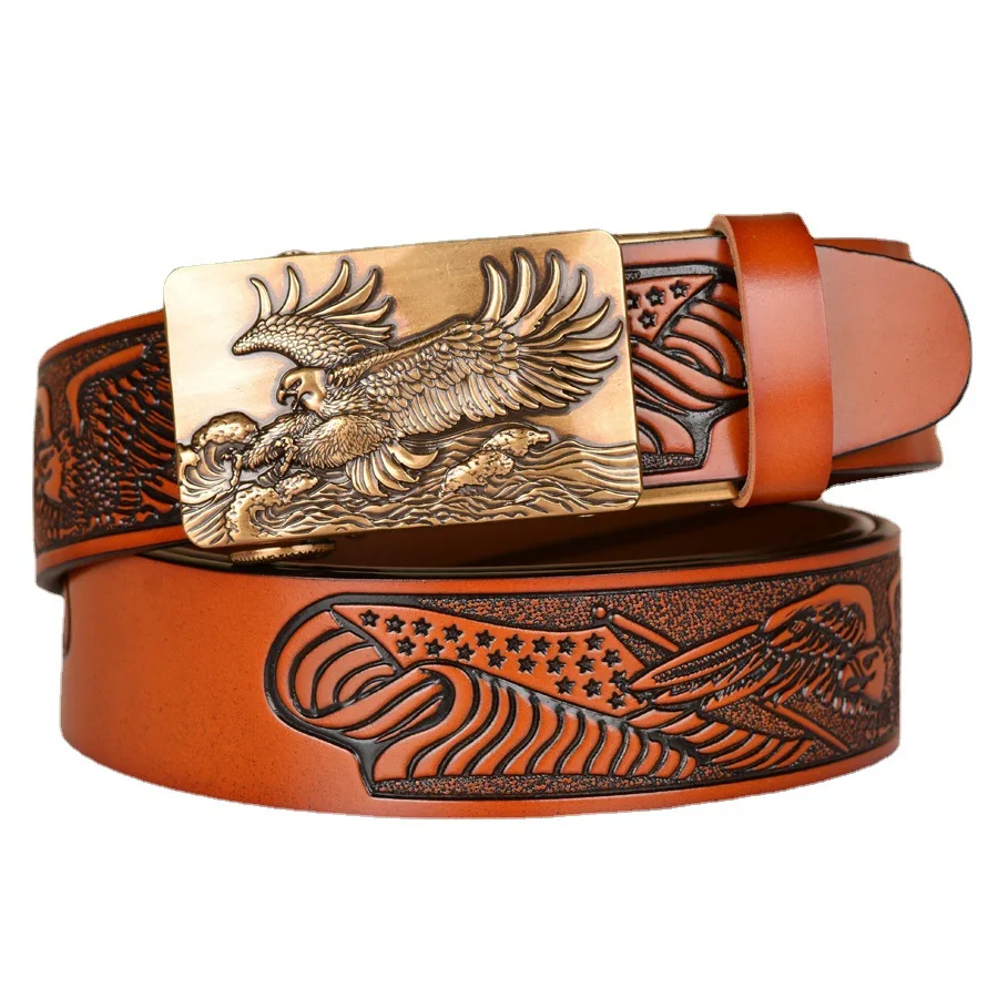 

High Quality Belt For Men Eagle Pattern Automatic Buckle Genuine Leather Male Belts Top Luxury Brand Fashion Business Waistband