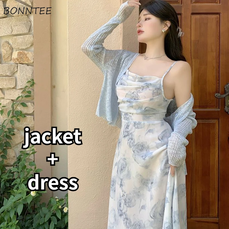 

2 Pieces Sets Women Temper Fairycore Summer New Casual Sun-proof Jackets Printed Dresses Hollow Out Graceful Female Korean Style