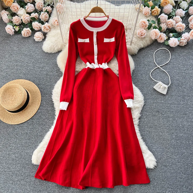 

Women Long Knit Red Sweater Dress Autumn Winter Knitted Pleated Dress Thick Christmas Pullover Party Dresses Vestidos