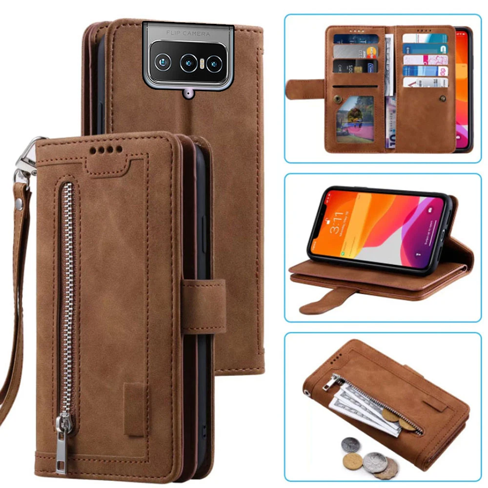 

9 Cards Wallet Case For Asus ZenFone 7 Case Card Slot Zipper Flip Folio with Wrist Strap Carnival For Asus ZS670KS Cover
