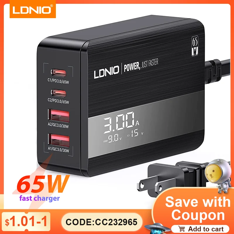 

LDNIO A4808Q 65W Fast Charger 2 USB A 2 Type-C PC USB Charger 20V/3.25A 100-240V 1.5A For Mobile Phone/MacBook Charging