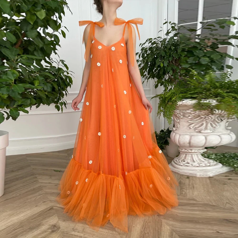 

Casual A Line Long Evening Dress Sleeveless Backless Tulle Celebrity Party Gown For Woman V Neck Spaghetti Straps Robe Soriee