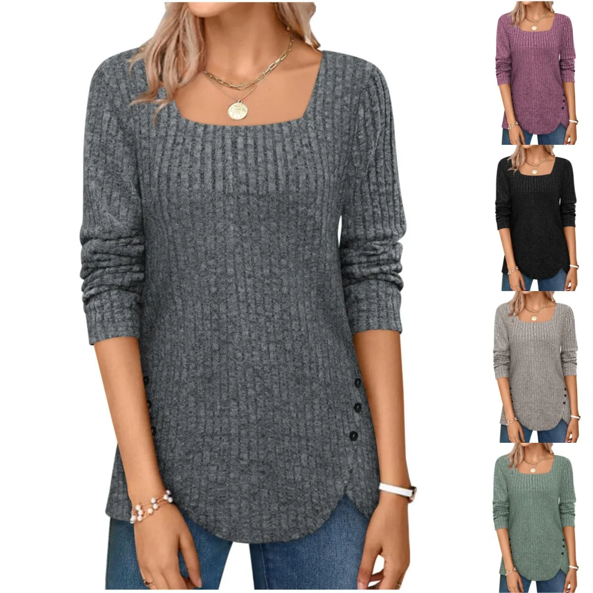 

Long Sleeve Button T-shirt 2023 New Women's Wear Square Neck Pit Stripe Polished Solid Color Top