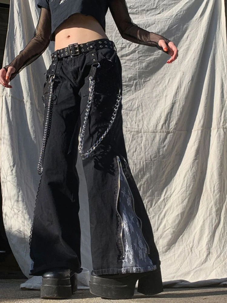Punk Black Wide Leg Pants With Chain Women Cargo Trousers Goth Mall Jogger Techwear Streetwear Grunge BF Unisex Pant Baggy Jeans