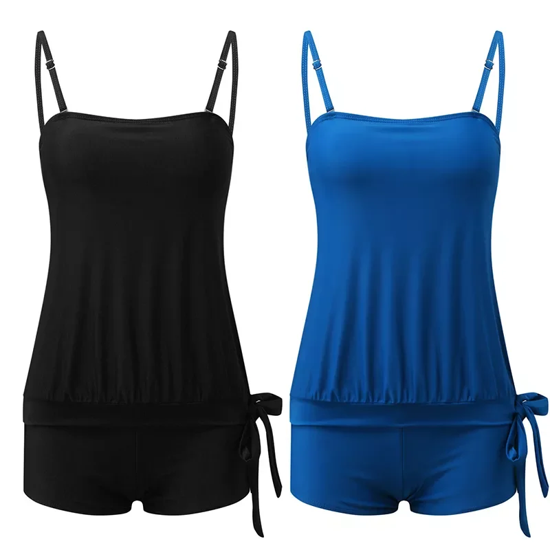 

Solid Tankini Swimsuits For Women Retro Bathing Suit Two Piece Modest Swimming Wear Sports Tank Top With Boyshort Swimwear 2XL