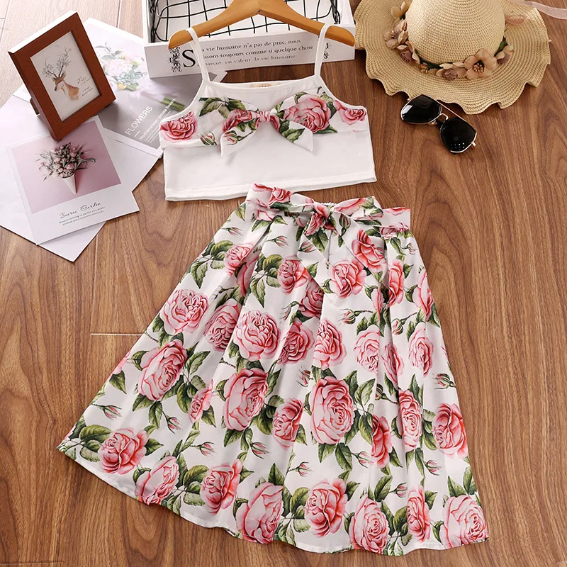 

European Trend Store Sweet Little Girls Skirt Suits Summer New Fashion Print Floral Sling Bow Top+Skirts 2-Piece Sets 5-12 Years