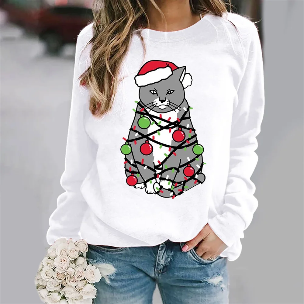 

Cotton Women's T-shirt Christmas Cat Fashion Harajuku Sweater Casual Streetwear Women's Clothing Tops T Shirt For Girls Pullover