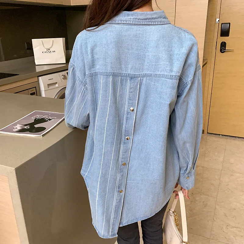 

Denim shirt Women's long sleeved striped denim shirt Women's medium length long sleeved loose fitting shirt jacket