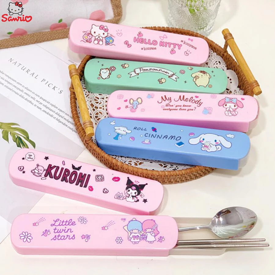 

Kawaii Sanrio Spoon Fork Chopsticks Stainless Steel Melody Cinnamoroll Kitty Kuromi Purin Cutlery Set Toy Portable Suit Student