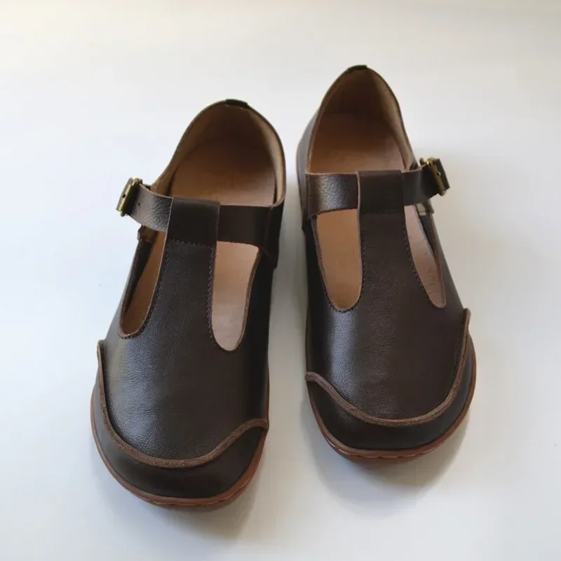 Женская обувь из воловьей кожи в стиле ретро Т-образная форма на плоской подошве