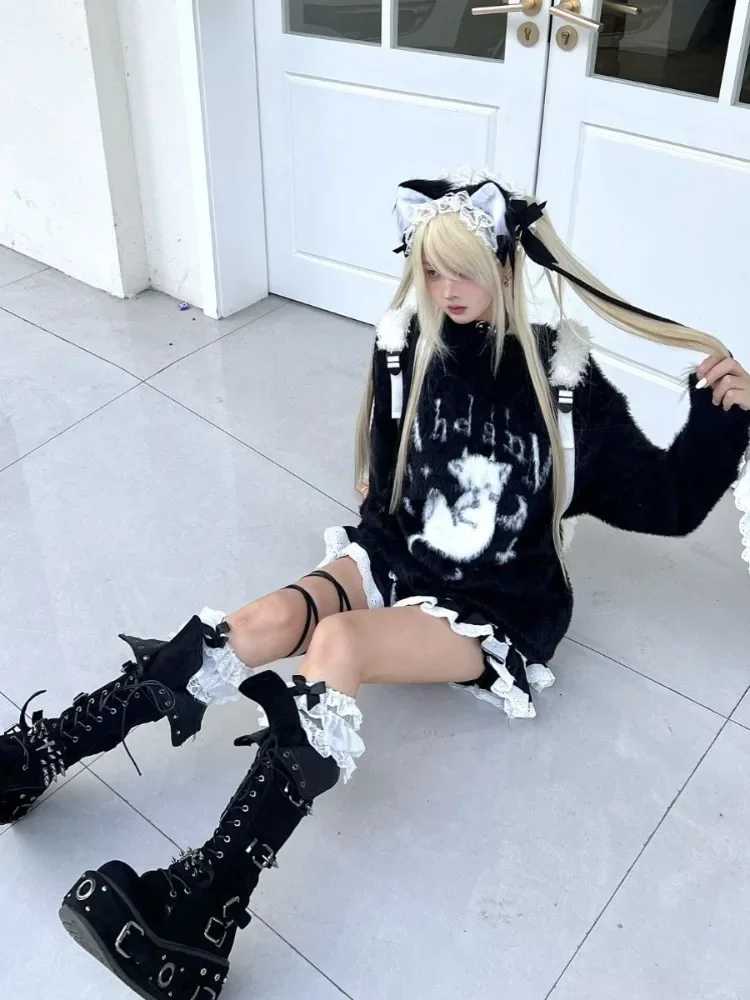 Фото Harajuku готические повседневные вязаные джемперы большого размера в стиле гранж свитер с героями мультфильмов модный трикотаж Y2k эстетический свободный пуловер Balack №3