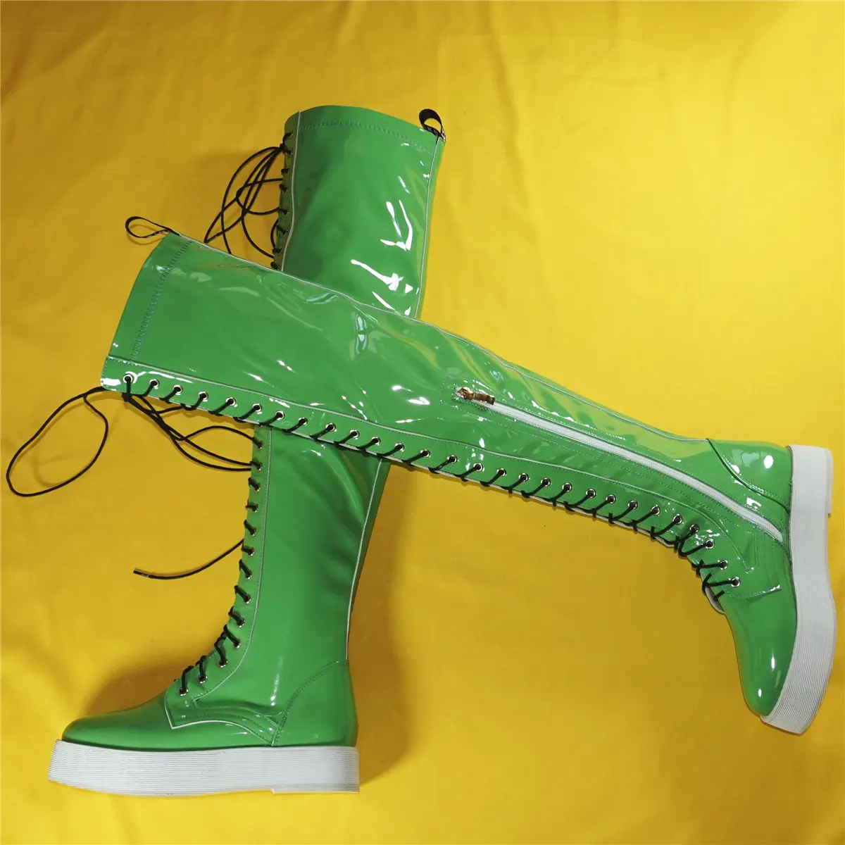 Green Platform Pumps Women Lace Up Patent Leather Over The Knee Thigh High Boots Female Round Toe Fashion Sneakers Casual Shoes