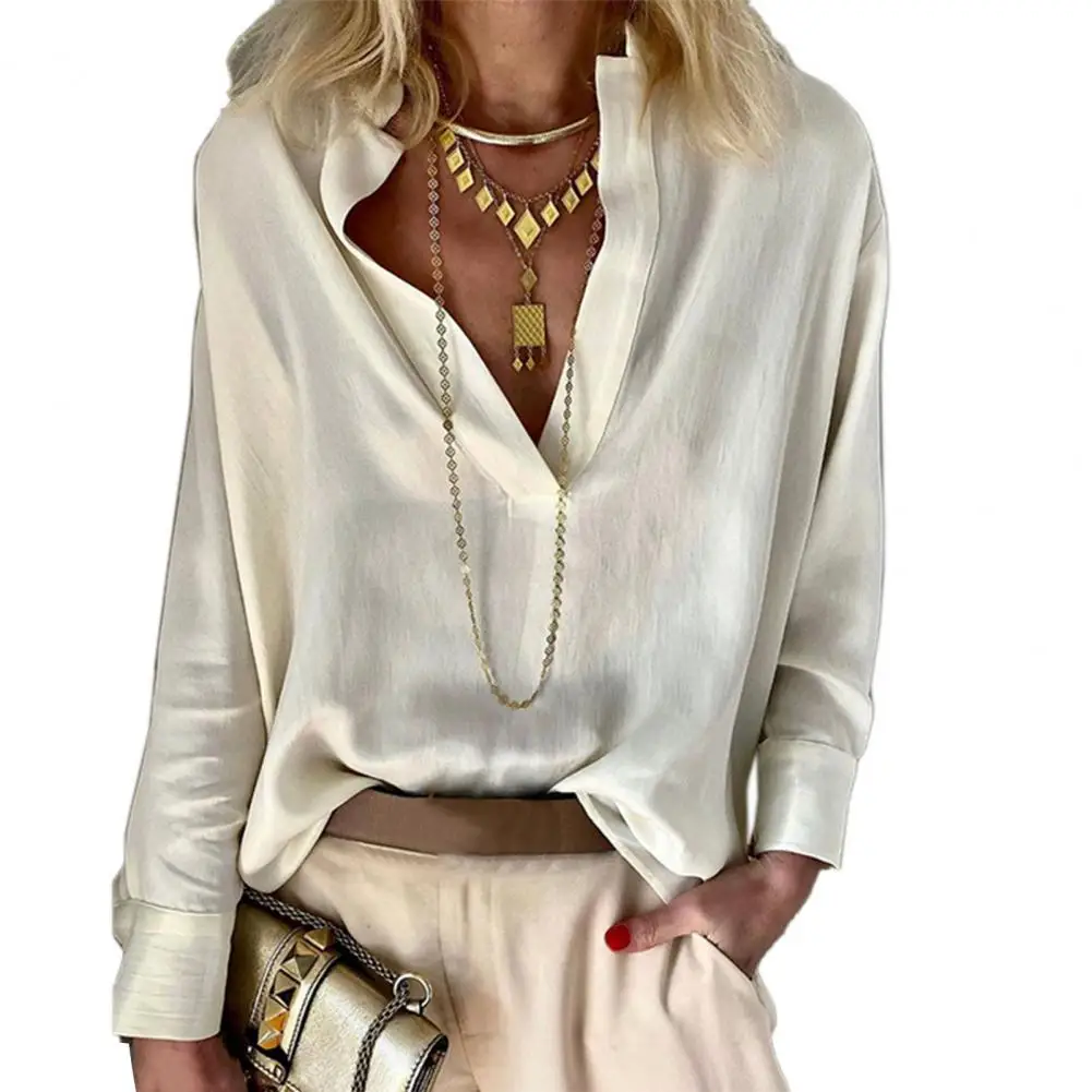 

Casual Women Shirts V-neck Stand Collar Loose Fit Pullover Shirt Solid Color Long Sleeve Casual Shirt Female Clothing camisetas