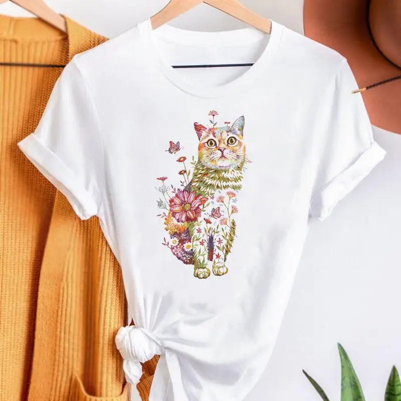 

Футболка женская летняя с коротким рукавом, Модный Графический Топ с цветочным принтом кота и милых животных, стильная рубашка с принтом