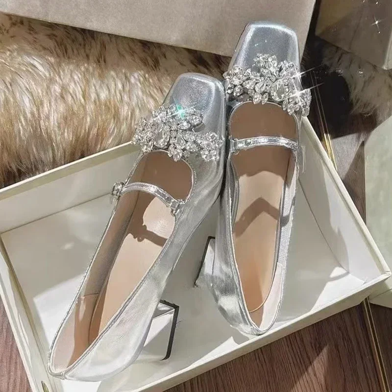 Туфли Мэри Джейн с кристаллами и квадратным носком женские сандалии на высоком