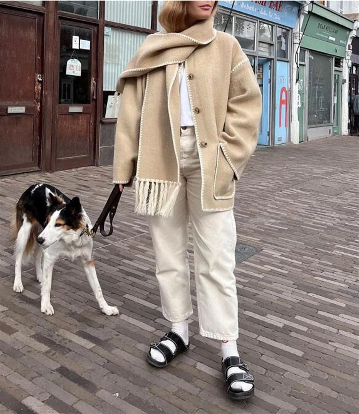 Elegancka damska kurtka z szalikiem i kołnierzem Streetwear długim rękawem mieszanki wełny na jesień/zimę pełnym zamkie...