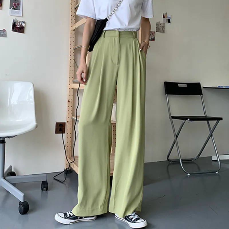 

ZCSMLL Hot Selling High Waist Wide Leg Pants Women 2021 New Suit Pants Solid Loose Summer Straight Full Length Trousers