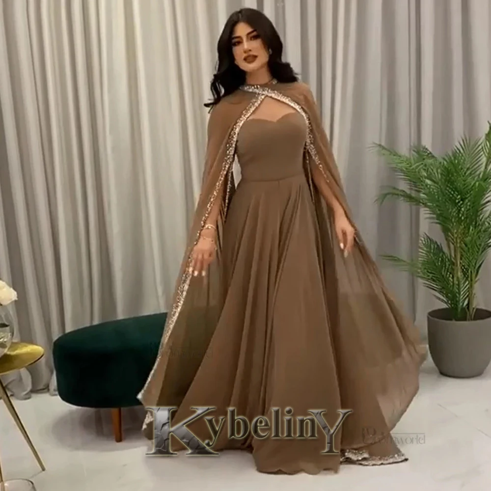 

Kybeliny Sweetheart Evening Party Gowns Beaded Wraps Sleeves Arabic Prom Dresses Chiffon Pleat Vestido De Fiesta Custom Made