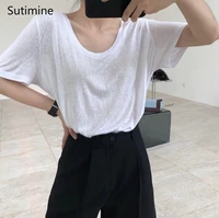 summer new lazy slub basic solid color u neck short sleeve t shirt loose thin cool top women crop top aesthetic clothes