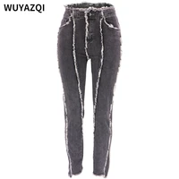 wuyazqi new high waisted womens wear high straight womens pants loose wide legs rough edge high street womens jeans