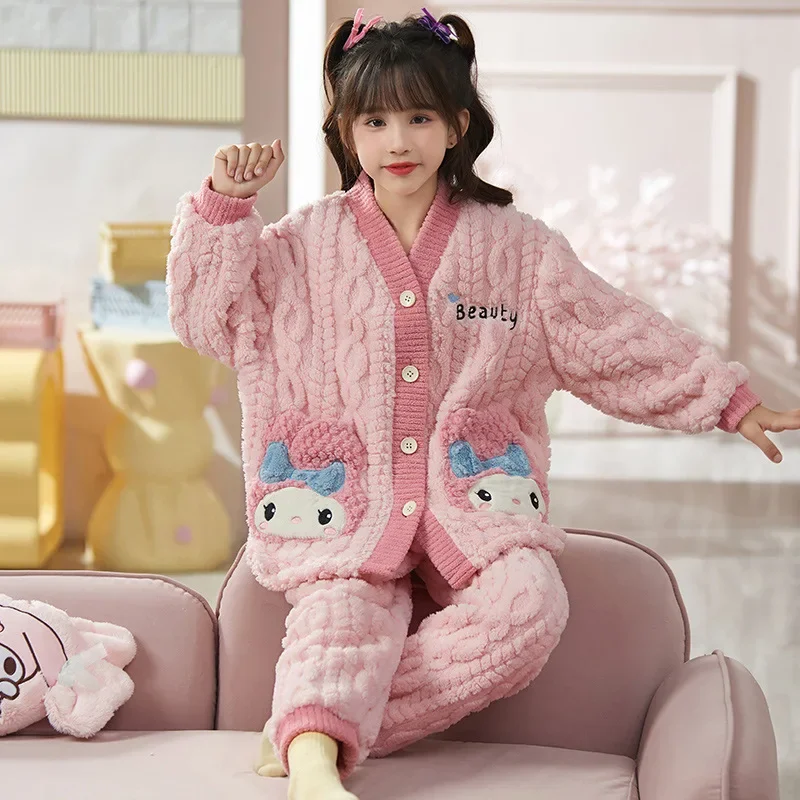 Sanrios зимний пижамный костюм для девочек Kawaii Kuromi Hello Kitty подростковый домашняя