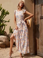long maxi dresses for women fashion casual sleeveless back belt elastic ruffle floral printed dress for women summer 6293