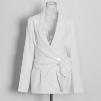 white minimalist blazer for women notched long sleeve sashes elegant blazers female fashion new clothing