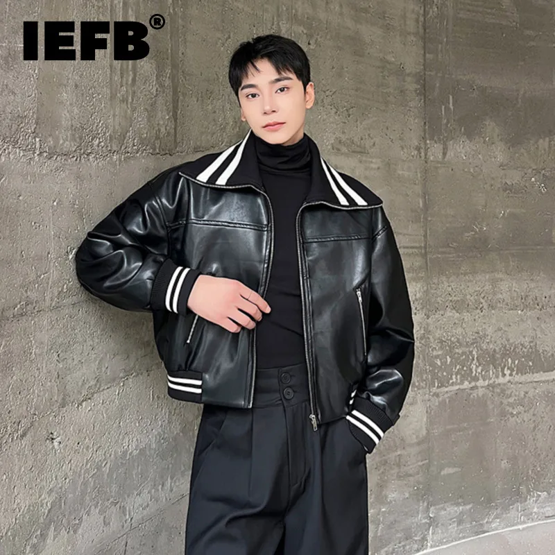 

Мужская кожаная куртка IEFB, черная куртка из искусственной кожи с отложным воротником, короткая верхняя одежда в Корейском стиле, модель 9C2997