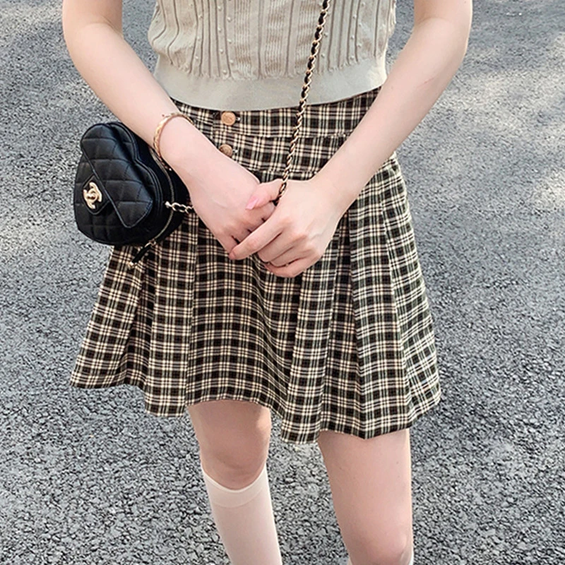 

Vintage Mini Plaid Skirt Women High Waist Summer Gold Buckle Preppy Pleated Skirts Korean Casual Skirt Sweet Dance Harajuku N552