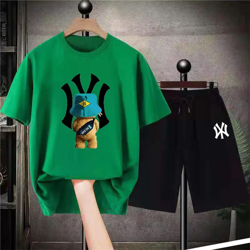 Fashion Luxury Brand T Shirts Sets Mens Yellow Bear Print Streetwear Sportwear Tracksuits Male 2 Piece Tops Shirt Suits Clothes