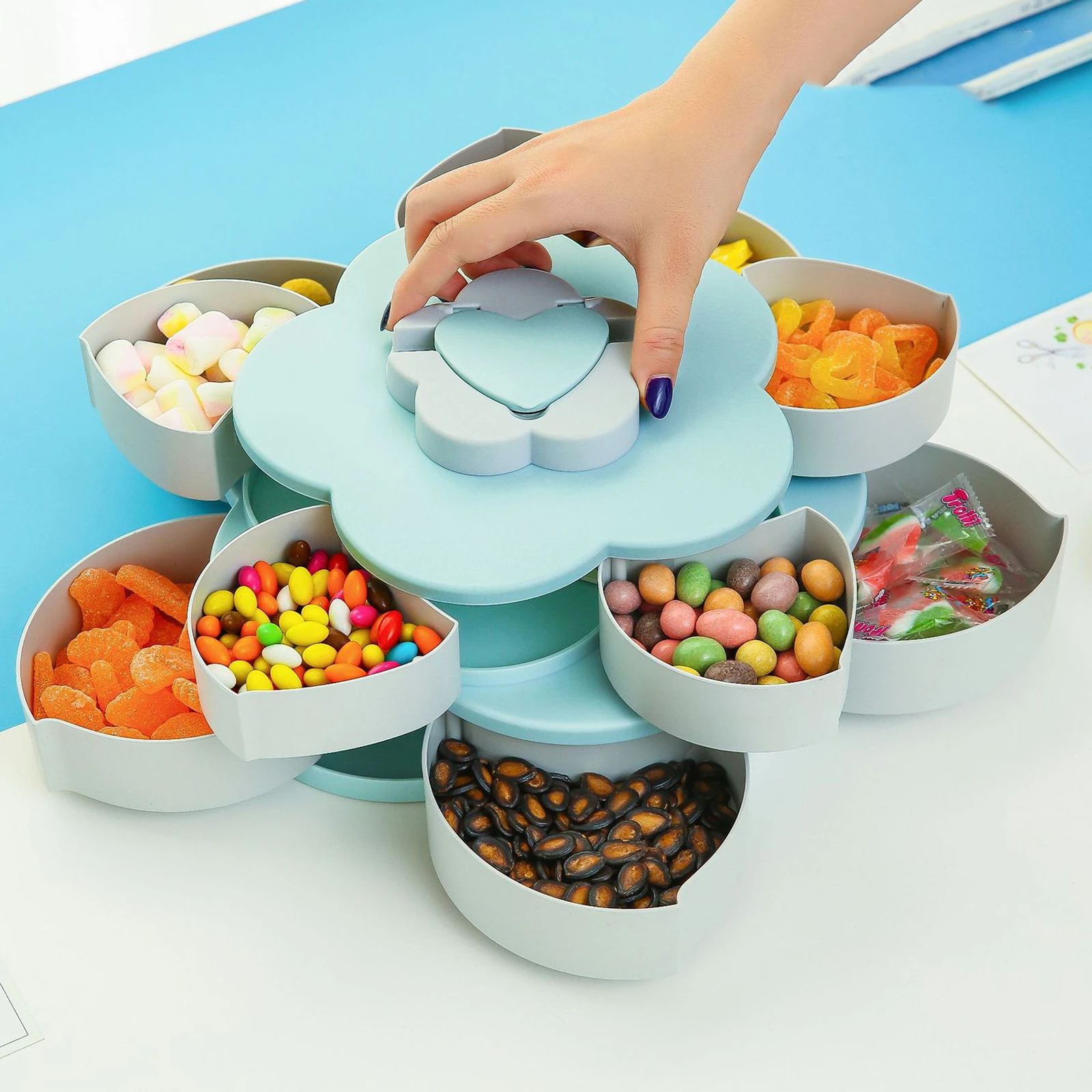 

Petal Candy Box 2 Layer Rotating Nut Snack Storage Cases Food Dried Fruit Serving Tray Plate Wedding Party Decoration Organizers