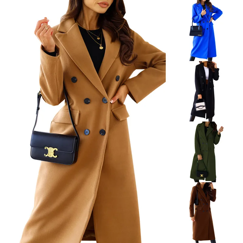 

Женское шерстяное пальто на пуговицах, простое двубортное пальто с длинным рукавом и воротником-поло, осень/зима 2023