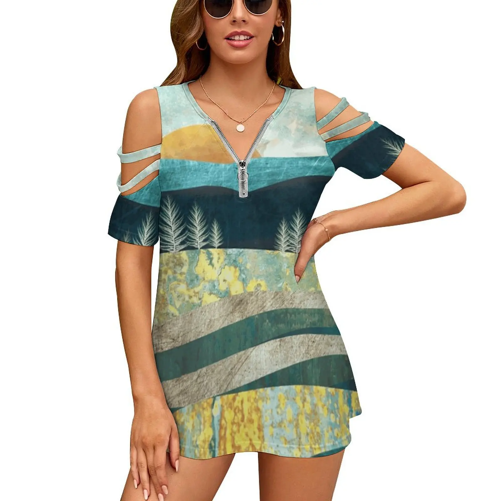 

Женская футболка на молнии с V-образным вырезом