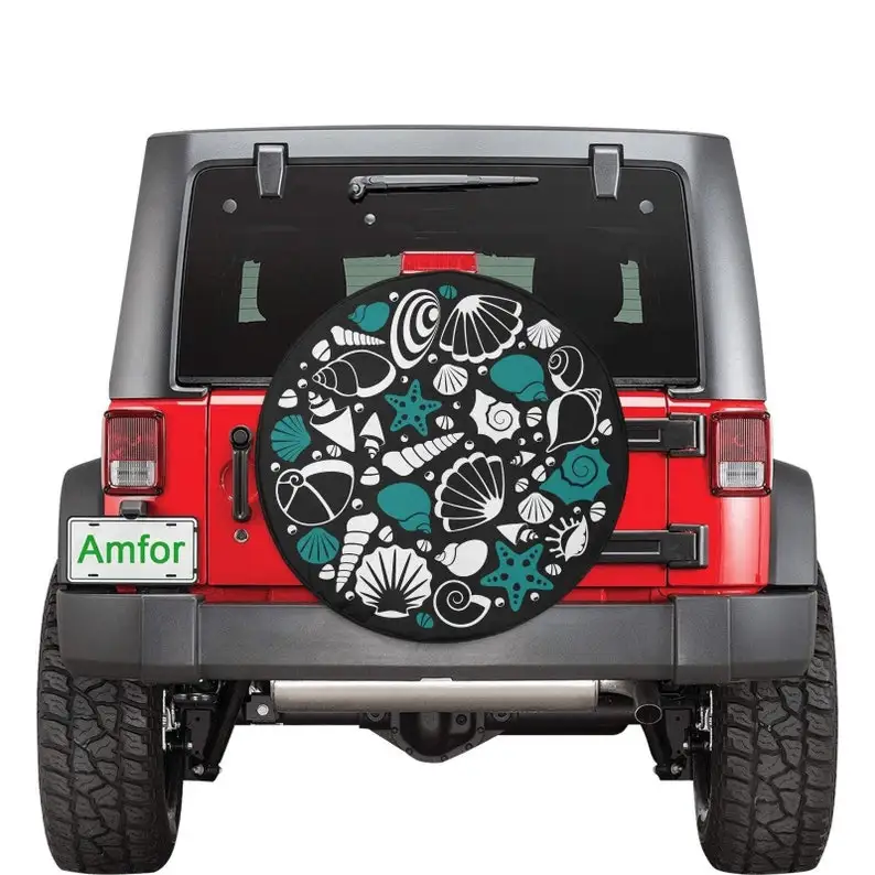 

Jeep Tire Cover, Spare Wheel Cover, Teal Seashells Ocean Starfish Shells Beach Sea Custom Unique Design Back Tire Adventurous Lo