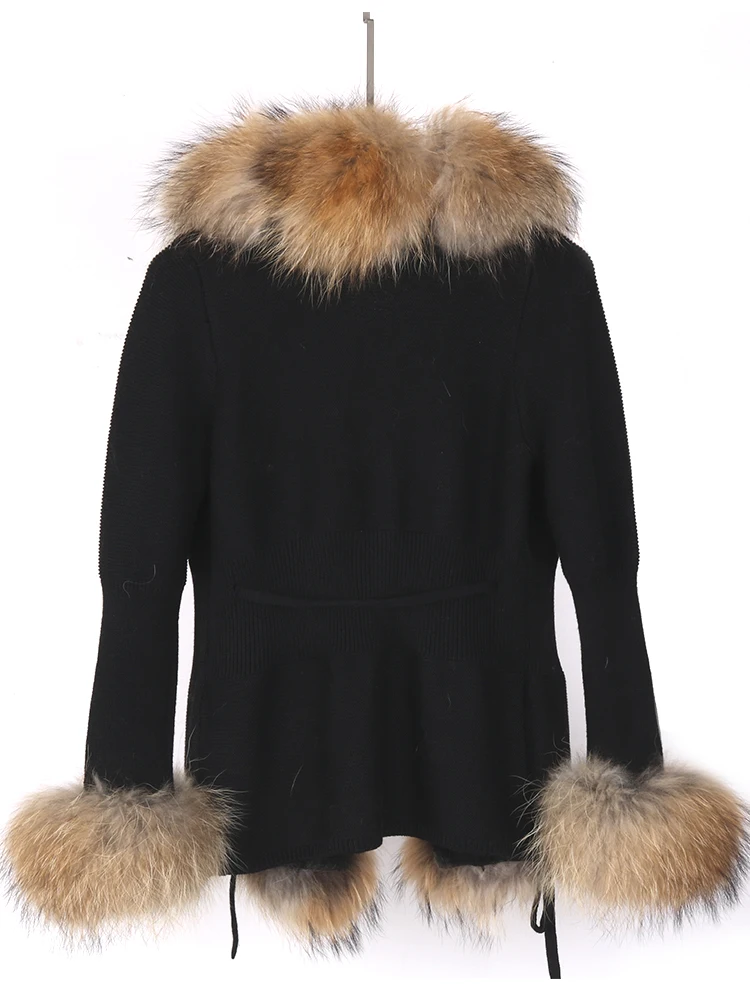 Autumn Winter Women Cardigan Wool Knitted Sweater Real Fox Fur Trim Korea Style Jacket Fashion Brand Elegant Ladies Streetwear