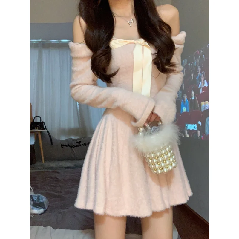 

Зимнее платье-свитер 2023, Офисная Женская верхняя одежда, чистый воротник, винтажное элегантное цельное платье, корейское вязаное кашемиров...