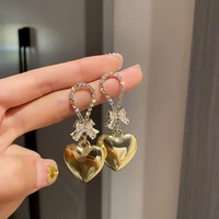 korean style golden heart drop earrings for women bowknot crystal rhinestone earrings statement jewelry