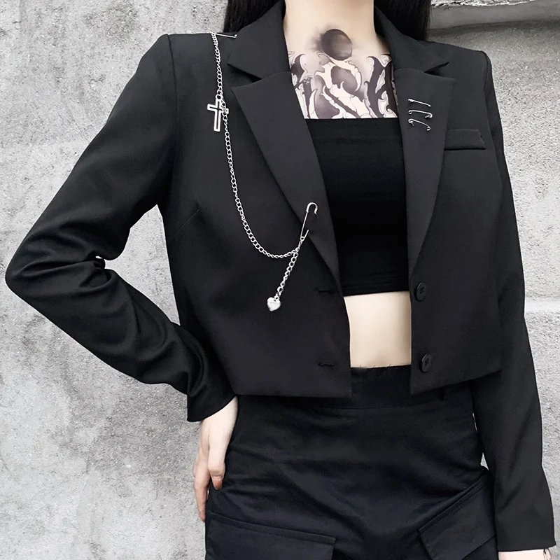 Gothic Black Women Punk Blazer Harajuku Streetwear Metal Chain Patchwork Suit Office Ladies Commute Short Coat Chic Blazer Suits