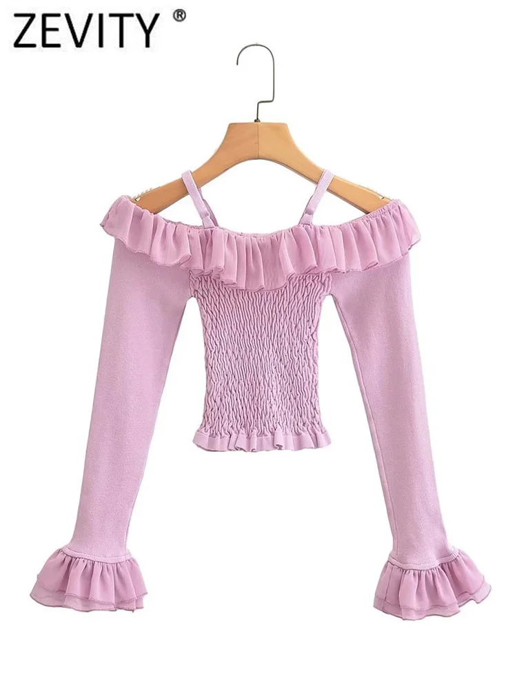 

Zevity Женская Сексуальная Блузка с воротником-лодочкой и складками, облегающая короткая блузка на бретельках, женская трикотажная рубашка с ...