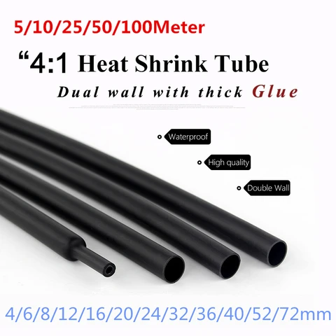 5m-100m4: 1 tube thermique avec du rétrécissement thermique avec de la colle adhésive à double mur doublé le kit de câble filaire enveloppe 4/12/16/20/32/36/40/52/72 mm