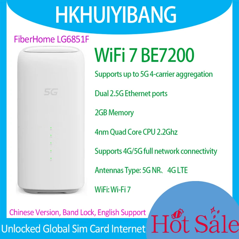 مفتوح FiberHome 5G CPE Pro LG6851F BE7200 WiFi 7 راوتر NFC Dual 2.5G Lan Ports 5G 4G LTE Cat19 Sim قفل شريط مودم لاسلكي