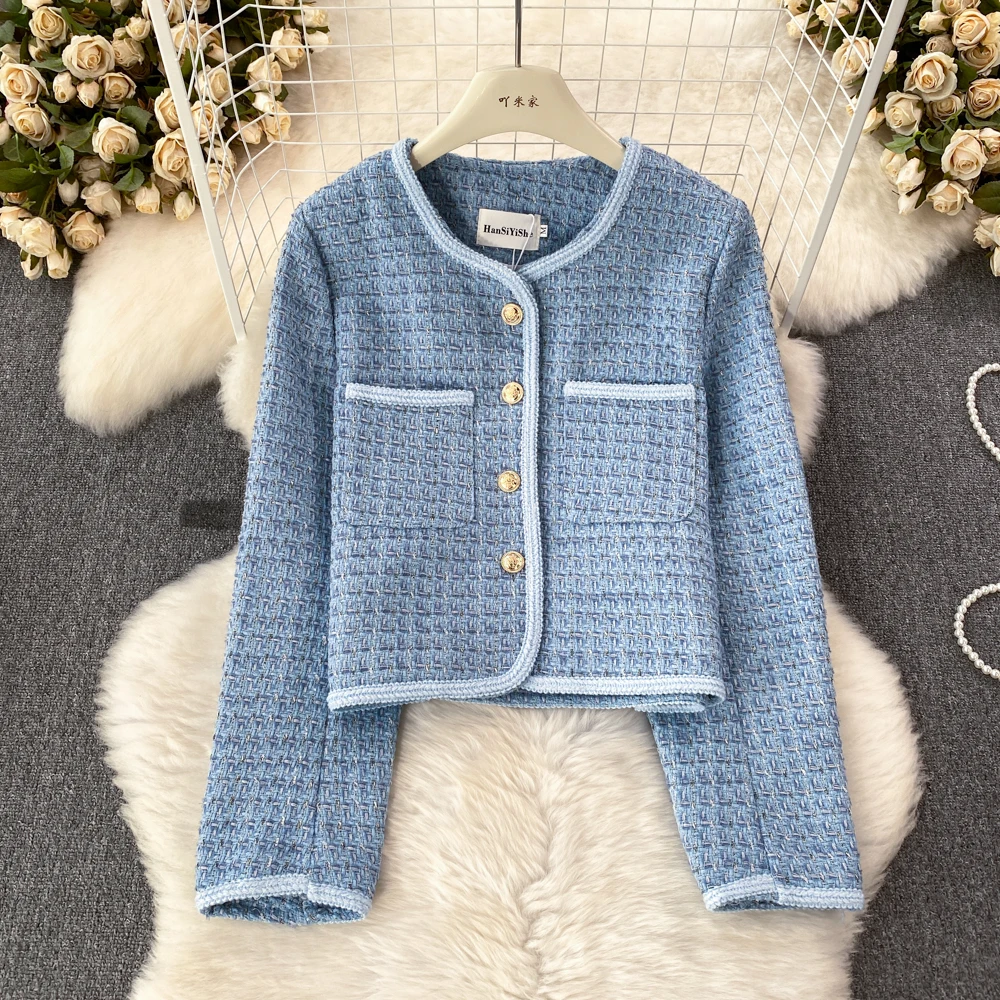 

High Quality Small fragrant wind Tweed Cropped Cardigan Jacket Women Spring Autumn New Vintage Wove Woolen Coat Female