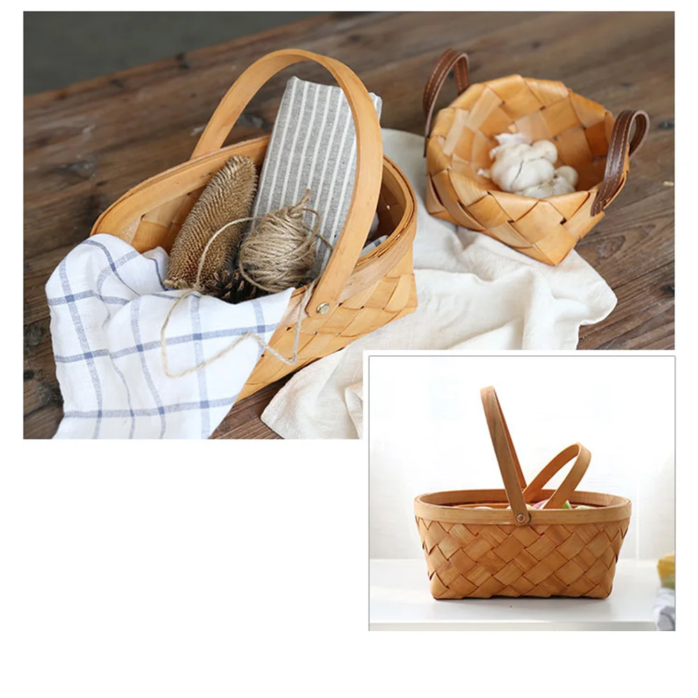 

Basket Storage Woven Handle Wicker Rattan Container Wooden Picnic Baskets Flower Easter Portable Fruit Houseware Willow Natural