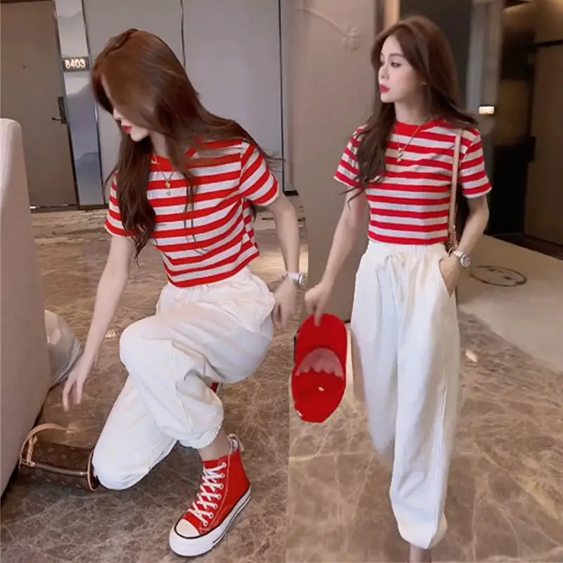 

2022 Spring Summer Women New 2 Piece Sets Female Short Sleeve Striped T-shirt Ladies High Waist Casual Straight Pants Suits P72