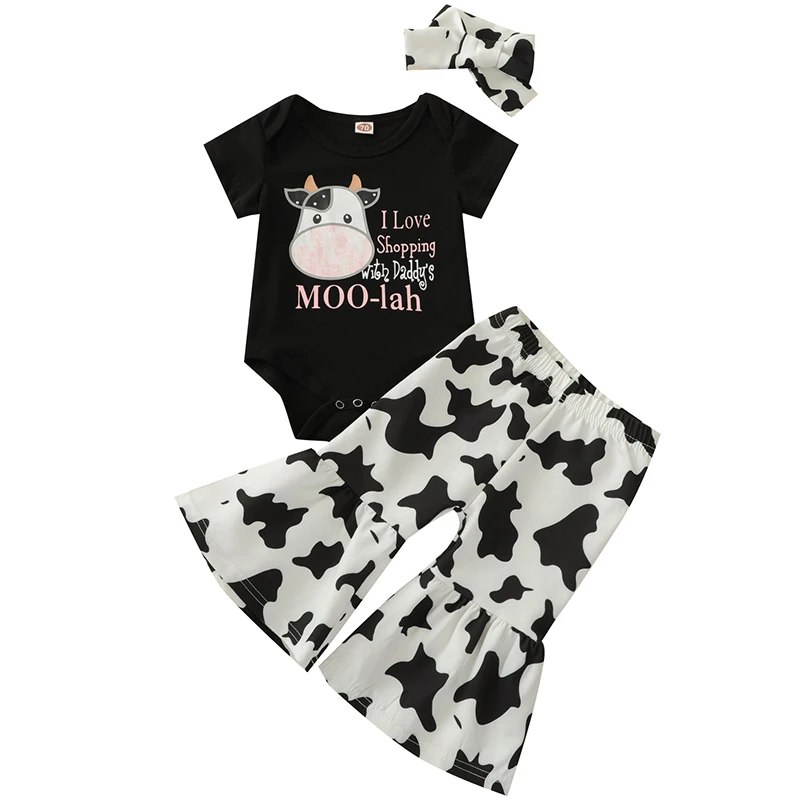 

3Piece Summer Toddler Girl Outfits Set Cartoon Letter Short Sleeve Bodysuit+Flared Pants Baby Clothing Newborn Clothes BC383